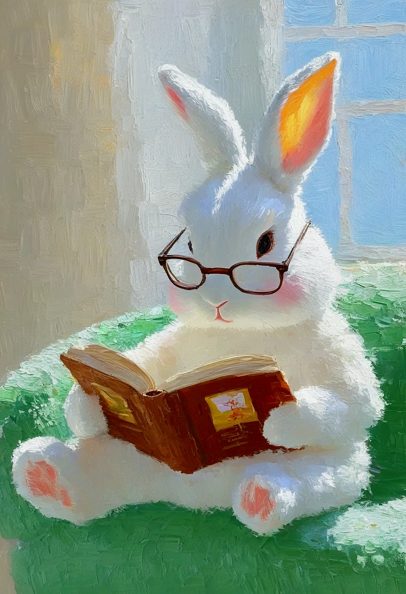 High Saturation，Texture oil painting，Light and Shadow，粗糙的笔触和纹理：A cute bunny with glasses on the couch，Reading,  粉彩风格绘画 , Summer afternoon