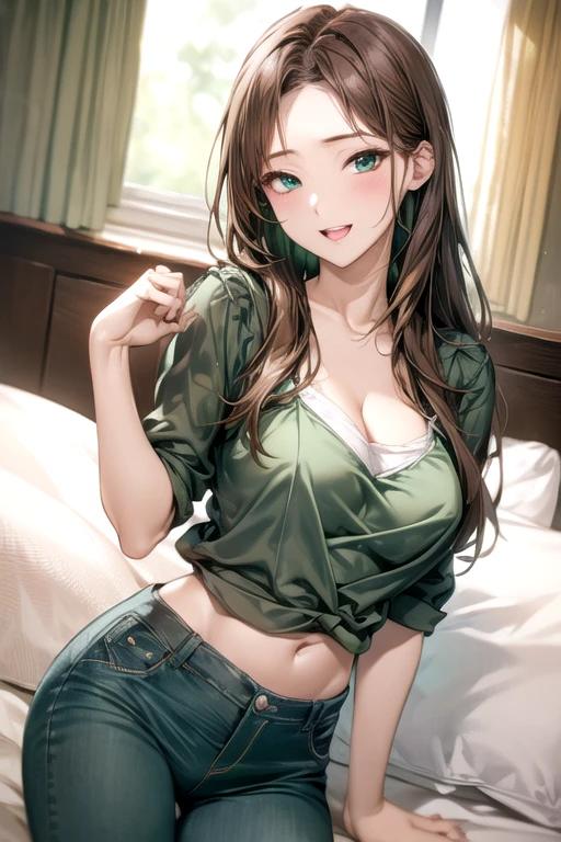 (((green bra))), Very detailed、highest quality、Best image quality、masterpiece、8k、Anime Face、A kind smile、Open Mouth、(brown middle hair:1.5)、big breast, sexy、 beautiful body 、Cowboy Shot, Sexual Intercourse, ((mint eyes)), hotel bedroom, ((( Jeans)))