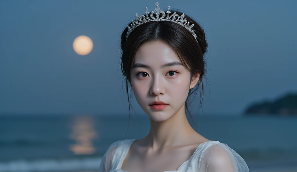 The style is hyper realistic image of a korean woman, adorable with her hair into two buns on top and bangs, wearing a white princess dress, with a tiara crown, night, full moon, beachside, moonlight adds to the graceful impression of the female character.