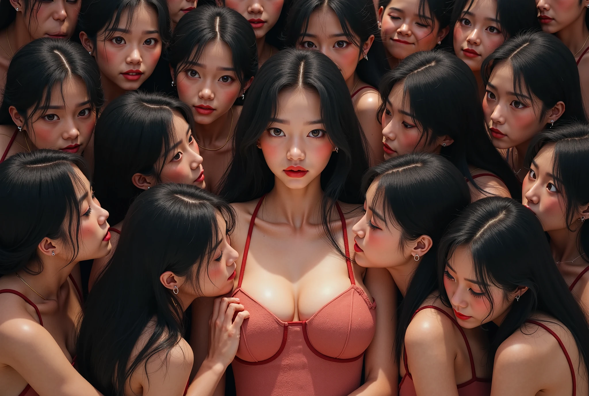 300 long-haired, big-breasted, realistically identical Asian girls in Harajuku look at me with loving eyes in a very small room