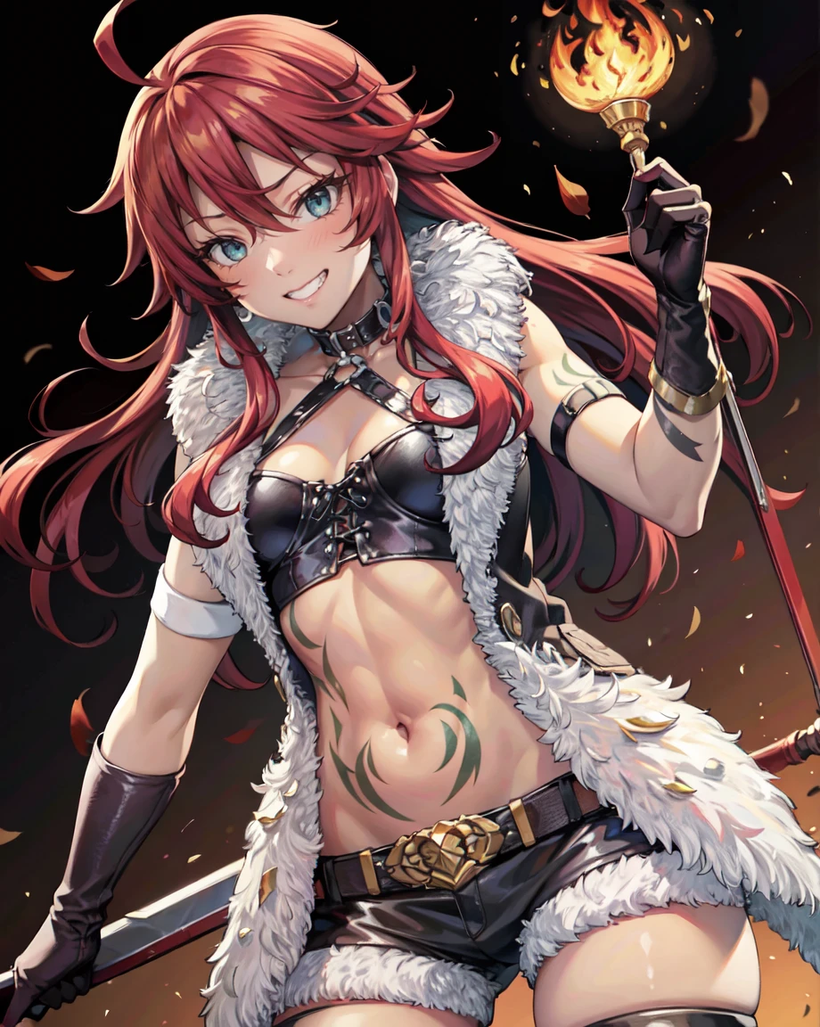 masterpiece, Highest quality, alone, One person,Fine hand, Detailed lighting, High resolution, autumn, autumning leaves, Grin, Aqua Eye, Shirley Orlando, Redhead, Ahoge, Long Hair, Medium chest, Green tattoo, choker, Fur coat, Fur trim, O-ring, Leather tops, Cleavage, Stomach, belly button, gloves, Black shorts, belt, Thigh-high boots, messy hair, adult, adult face, fearless face, tall, 