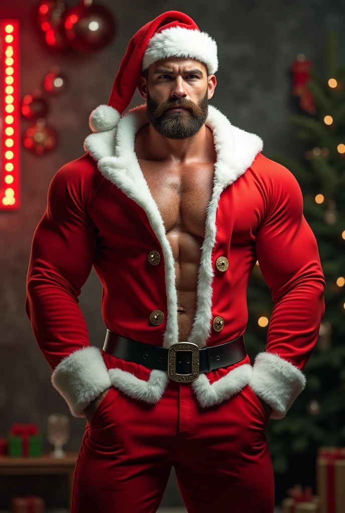 8k realistic, santa claus, 60 years old, white hair, shirtless, sitting on couch beside fireplace, wearing red tight shiny pants and red boots, big bulge, hairy, bulgeJ8,