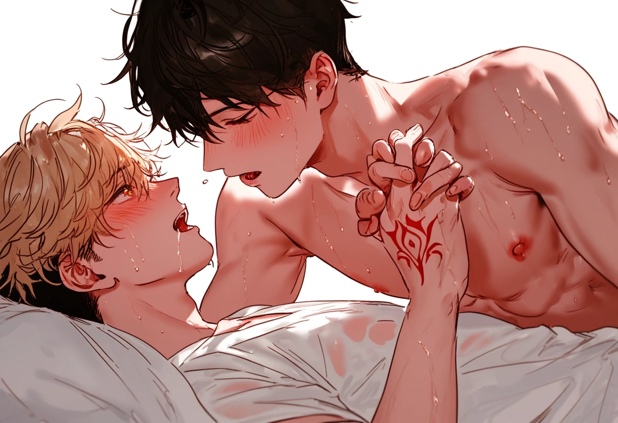 Boy couple ，Men， white background，On the bed，躺在On the bed，Korean comic style，kiss，Holding Hands，Hand to hand ，Young and energetic， is in good shape ， smooth skin， is handsome脸瓜子脸，龙Tattoo， Korean comic style ，muscle， White Skin，Tattoo，wet hairstyle ， Sweating，Sweating，Gasp ，saliva， blush,Young boys， Glamorous Eyes ， is handsome