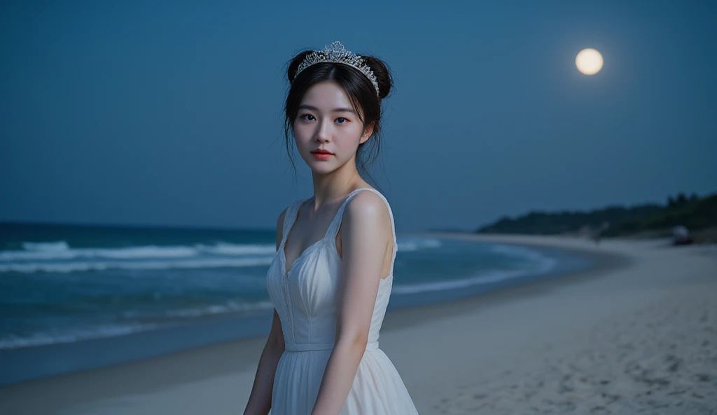 The style is hyper realistic image of a korean woman, adorable with her hair into two buns on top and bangs, wearing a white princess dress, with a tiara crown, barefoot, walking alone at beach,night, full moon, beachside, moonlight adds to the graceful impression of the female character.