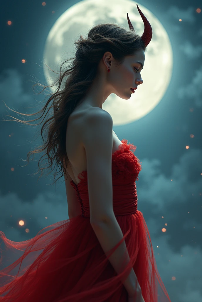 In the mesmerizing light of the full blood-red moon, a beautiful slender girl in a red dress. This image, executed in vivid detail, depicts a scene of tension and mystery frozen in time like a breathtaking photograph. The graceful forms of the girl loom against the background of the shining moon. The bright shades of the scarlet glow of the moon are perfectly conveyed, creating an alluring aura throughout the composition.