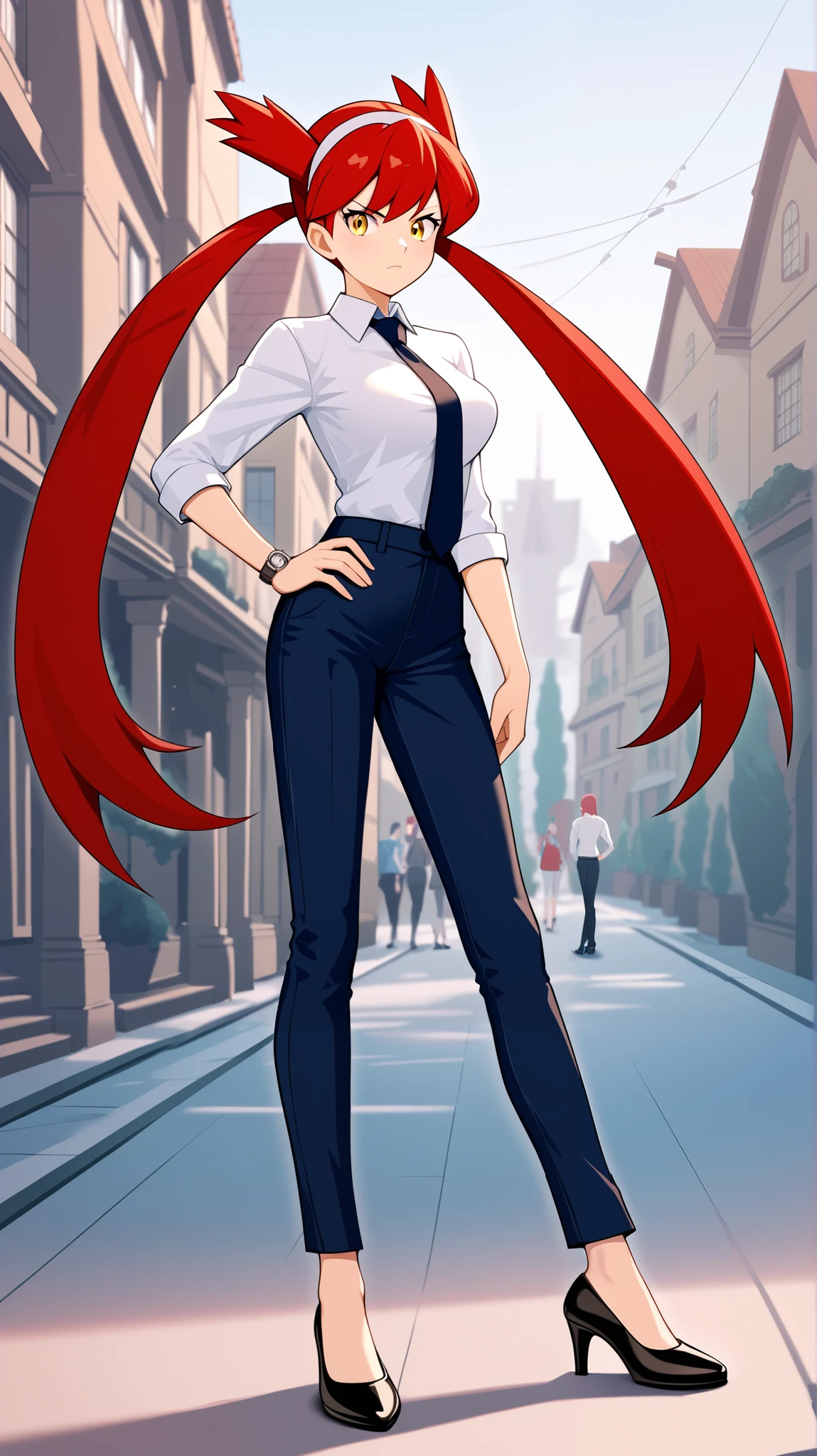 (( top quality )), ((masterpiece)), (( Details)), 1girl, Red hair color,  twin tails,  long hair, Yellow Eyes,  business suit, black jeans suit,  ties,  Tall,  black high heels,  ANIME COLORING BOOK,  Watch Viewers , 1 Female, Age 18,  is standing, whole body, Place one hand on hip,  slim figure,  serious expression, town, (\ Pokémon\),  score_9,  score_8_Excellent,  score_7_Excellent,  score_6_Excellent,  Source_Anime,  Cell Shading,  flat color, vector, Ample breasts, Two legs, two arms,