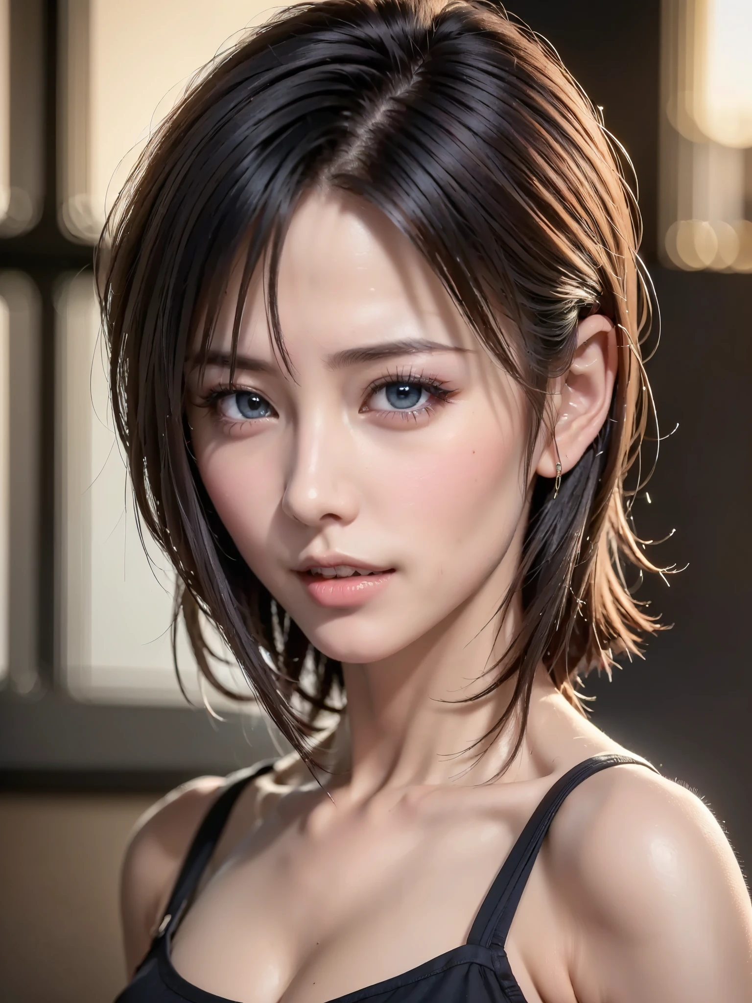 (masutepiece:1.3), (8K, Photorealistic, Raw photo, Best Quality: 1.4), (1girl in), Beautiful face, (Realistic face), (Black hair, Short hair:1.3), bikini of, Beautiful hairstyle, Realistic eyes, Beautiful detailed eyes, (Realistic skin), Beautiful skin, (Navy BL...