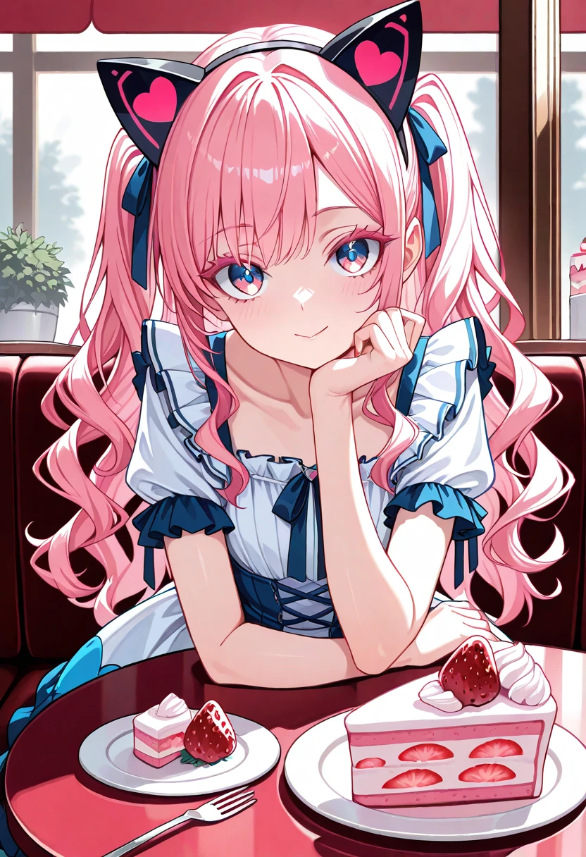 1girl, cafe, pink hair,wavy hair, red saturated eyes,slim body, arm support,pink cake, strawberry on cake,arm on own chin, detailed eyes, delicate face, masterpiece, sitting,makeup, pink eyelashes, no collar, skirt, multicolored dress, white dress, exelium,frills, heart cutting,breast, love shape jewelry, full cake, looking at viewer, jewelry, food, fork, frill ribbon,white and blue dress,fake animal ears, red nail polish,table,best quality, high detailed, highres