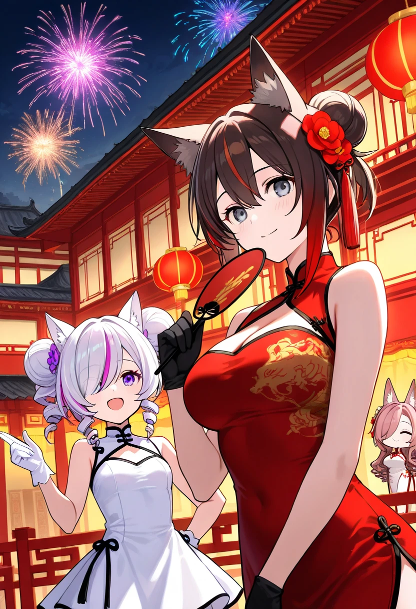 long hair, breasts, looking at viewer, smile, short hair, open mouth, bangs, blue eyes, multiple girls, brown hair, black hair, hair ornament, gloves, dress, holding, animal ears, cleavage, hair between eyes, bare shoulders, closed mouth, purple eyes, closed eyes, ponytail, pink hair, purple hair, flower, white hair, :d, red hair, outdoors, sky, black gloves, white gloves, hair flower, hair bun, chibi, white dress, hair over one eye, streaked hair, grey eyes, fox ears, double bun, night, sleeveless dress, 2girls, chinese clothes, drill hair, red dress, night sky, china dress, hand fan, twin drills, holding fan, architecture, fireworks, east asian architecture, chinese new year, 