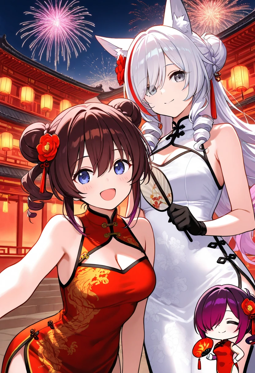 long hair, breasts, looking at viewer, smile, short hair, open mouth, bangs, blue eyes, multiple girls, brown hair, black hair, hair ornament, gloves, dress, holding, animal ears, cleavage, hair between eyes, bare shoulders, closed mouth, purple eyes, closed eyes, ponytail, pink hair, purple hair, flower, white hair, :d, red hair, outdoors, sky, black gloves, white gloves, hair flower, hair bun, chibi, white dress, hair over one eye, streaked hair, grey eyes, fox ears, double bun, night, sleeveless dress, 2girls, chinese clothes, drill hair, red dress, night sky, china dress, hand fan, twin drills, holding fan, architecture, fireworks, east asian architecture, chinese new year, 