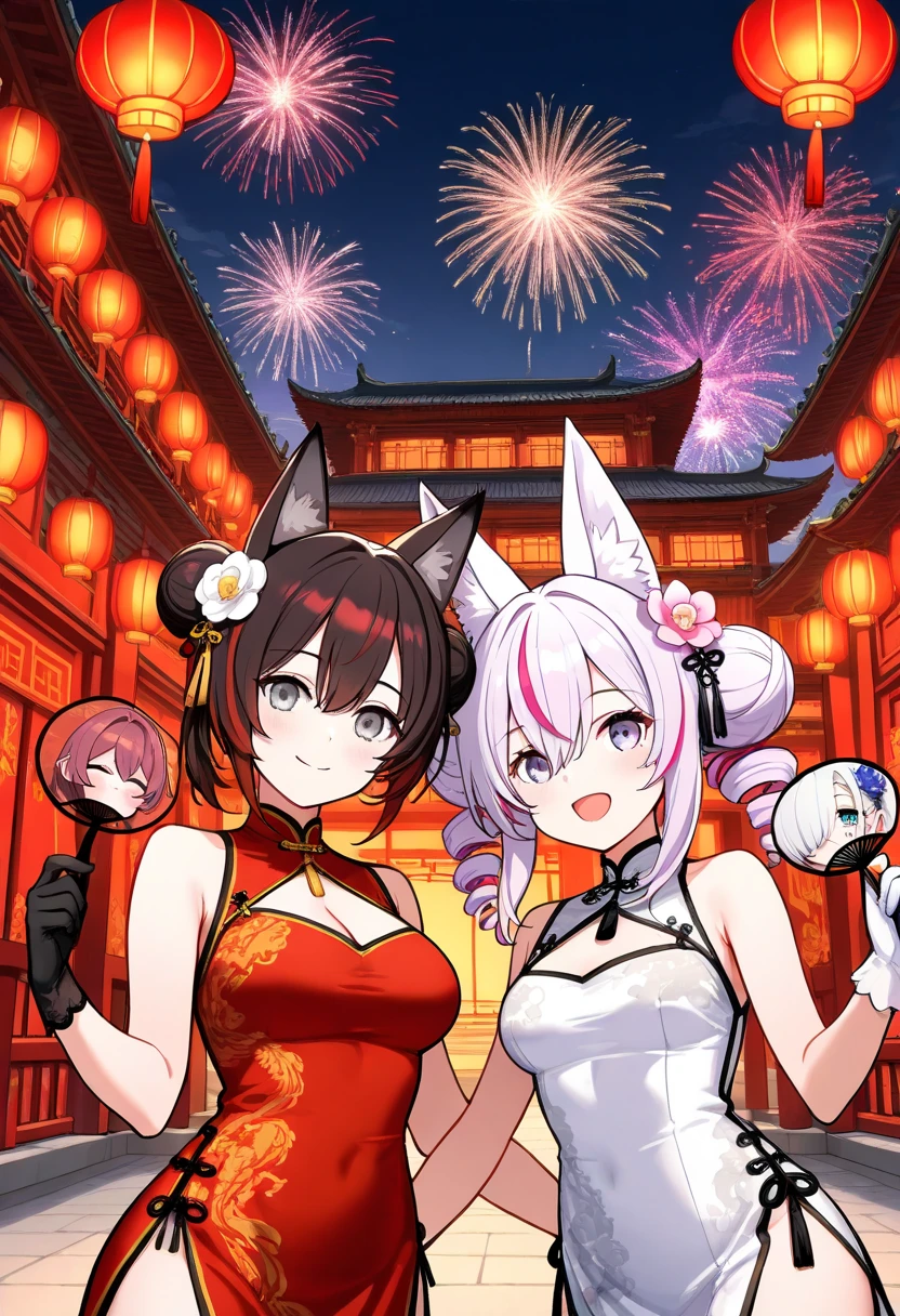 long hair, breasts, looking at viewer, smile, short hair, open mouth, bangs, blue eyes, multiple girls, brown hair, black hair, hair ornament, gloves, dress, holding, animal ears, cleavage, hair between eyes, bare shoulders, closed mouth, purple eyes, closed eyes, ponytail, pink hair, purple hair, flower, white hair, :d, red hair, outdoors, sky, black gloves, white gloves, hair flower, hair bun, chibi, white dress, hair over one eye, streaked hair, grey eyes, fox ears, double bun, night, sleeveless dress, 2girls, chinese clothes, drill hair, red dress, night sky, china dress, hand fan, twin drills, holding fan, architecture, fireworks, east asian architecture, chinese new year, 