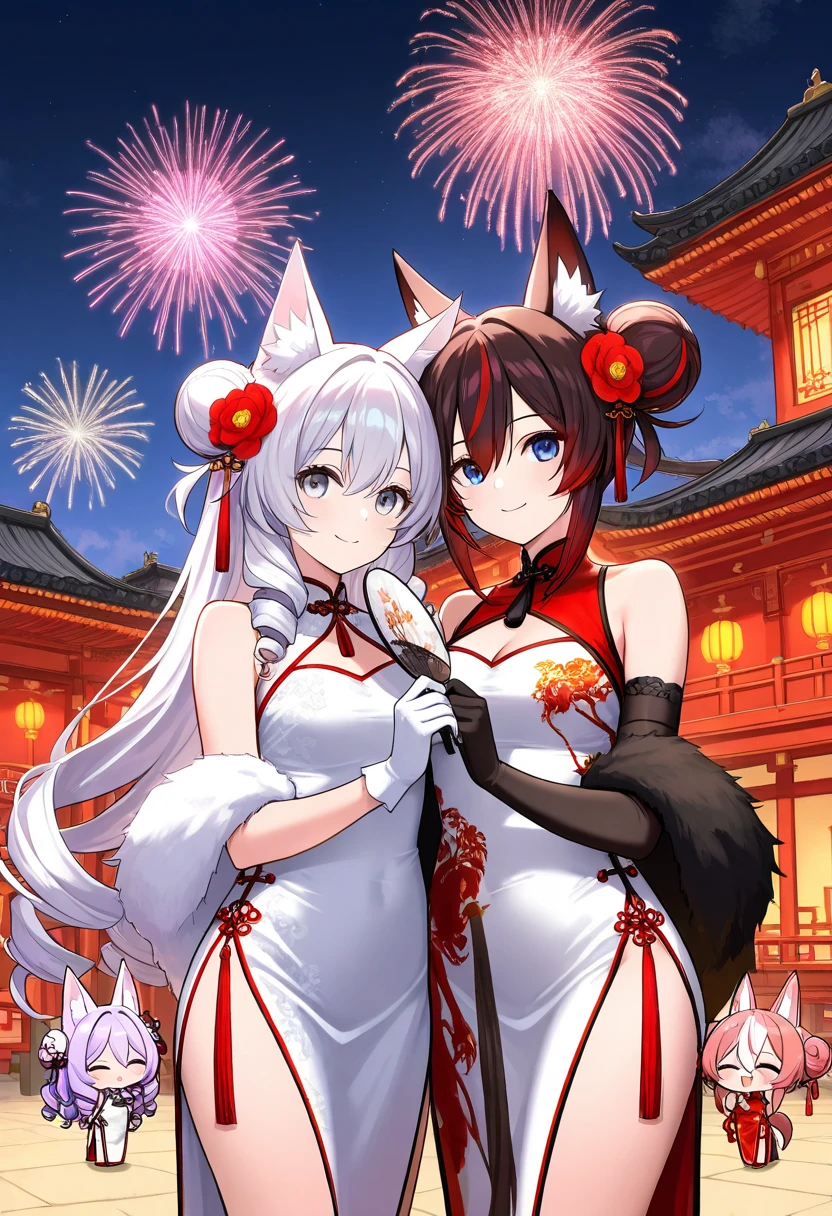 long hair, breasts, looking at viewer, smile, short hair, open mouth, bangs, blue eyes, multiple girls, brown hair, black hair, hair ornament, gloves, dress, holding, animal ears, cleavage, hair between eyes, bare shoulders, closed mouth, purple eyes, closed eyes, ponytail, pink hair, purple hair, flower, white hair, :d, red hair, outdoors, sky, black gloves, white gloves, hair flower, hair bun, chibi, white dress, hair over one eye, streaked hair, grey eyes, fox ears, double bun, night, sleeveless dress, 2girls, chinese clothes, drill hair, red dress, night sky, china dress, hand fan, twin drills, holding fan, architecture, fireworks, east asian architecture, chinese new year, 