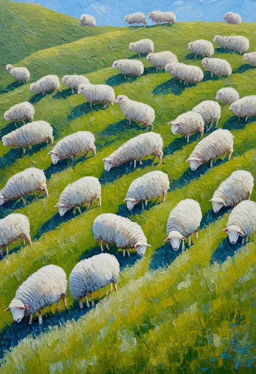 High Saturation，Texture oil painting，Light and Shadow，粗糙的笔触和纹理：sea，Flock of sheep on a slope,  粉彩风格绘画 , Summer afternoon