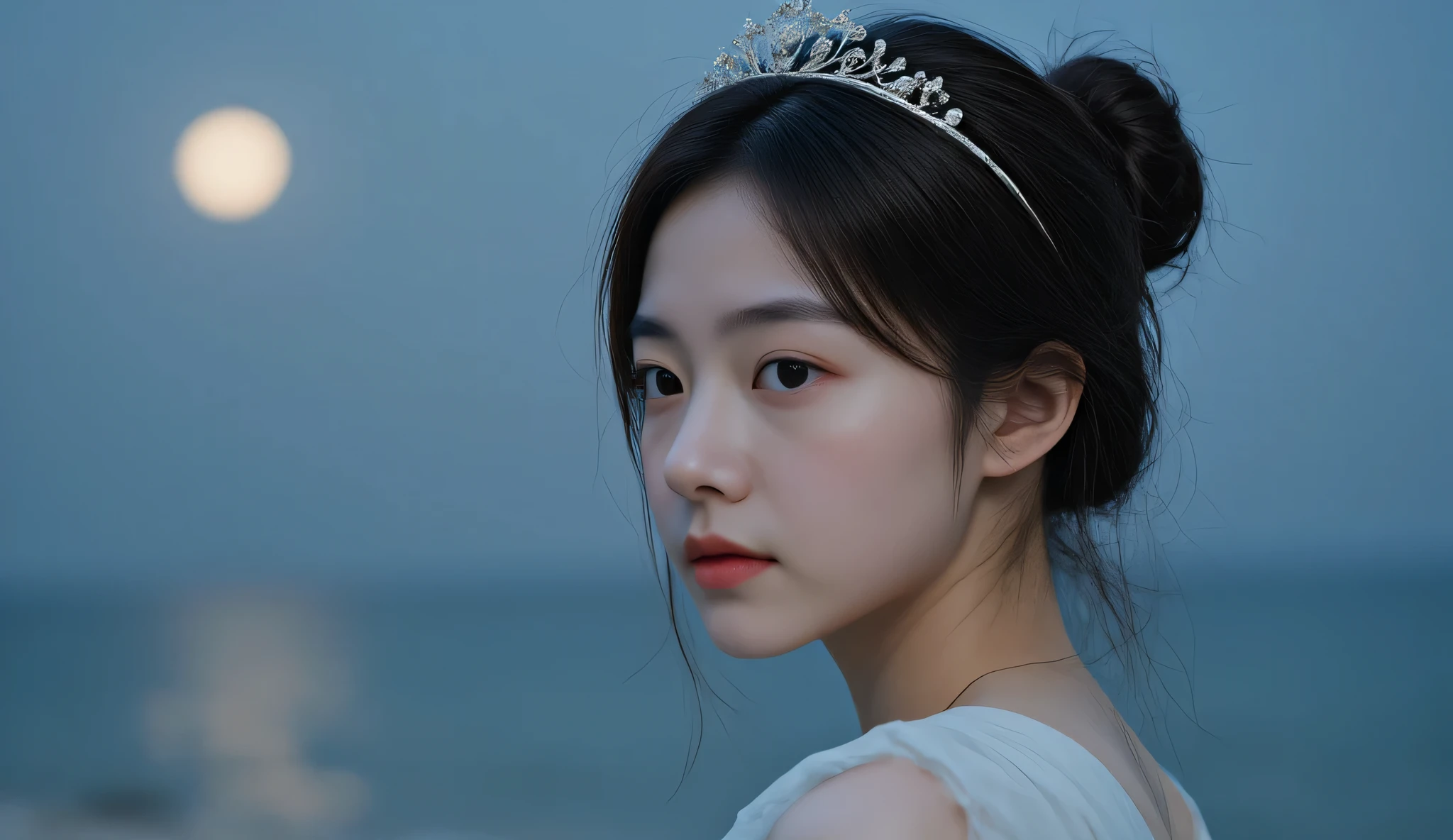 The style is hyper realistic image of a korean woman, adorable with her hair into two buns on top and bangs, wearing a white princess dress, with a tiara crown, night, full moon, beachside, moonlight adds to the graceful impression of the female character.