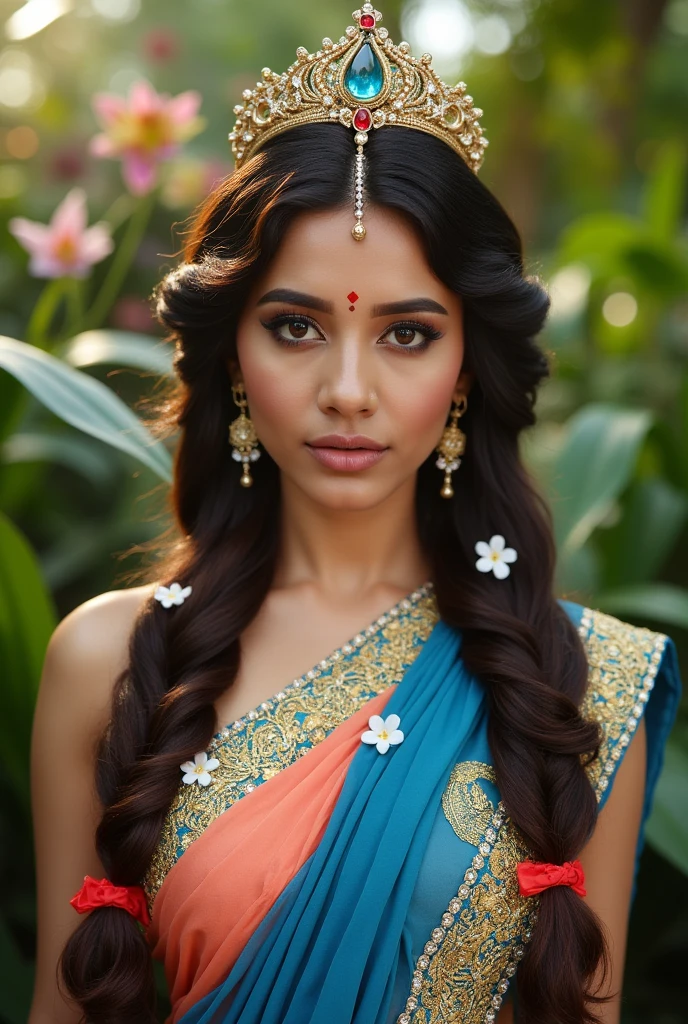 A hyper-realistic portrait of a stunning alien princess with delicately otherworldly features. Her beautiful, glowing grey eyes captivate with their inner luminescence, while her iridescent sapphire and amethyst skin shimmers subtly, reflecting the vibrant hues of her attire. She is dressed in a traditional Indian peach-blue salwar kameez, with intricate golden embroidery, complemented by a flowing blue chunari. Red earrings and a small red bindi between her brows add striking accents to her regal appearance. Her curly brown hair is styled in an elegant double braid, each adorned with red ribbons at the ends and small white flowers delicately placed throughout. Two soft trains of hair frame her face, enhancing her gentle yet majestic aura. Precious gemstones are woven into her hairstyle and attire, catching the ambient light and adding an ethereal brilliance. She stands amidst a lush tropical paradise, teeming with vibrant, exotic flora and fauna. The background bursts with life, as fantastical plants and creatures blend seamlessly into this imaginative setting. Her ornate crown, intricately designed with alien patterns and precious stones, rests gracefully on her head, symbolizing her royal stature. The cinematic framing captures her standing with an air of gentle elegance and royal dignity, her posture exuding confidence and poise. The lighting enhances the scene's depth and richness, creating a breathtaking fusion of fantasy, tradition, and science fiction.