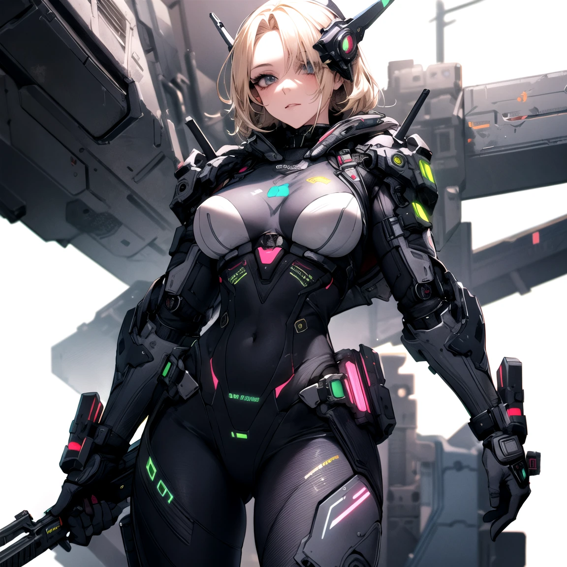 Highest quality, masterpiece, The finer details, Very delicate 8k wallpaper, (1 Beautiful Machine Girl), (Beautiful Eyes), Long eyelashes, Compensate, Short Hair, Pink Lips, Five mechanical finger joints, Mechanical Hand, Mechanical legs: 1.1), colorful, (Flying sparks), (Exoskeleton Leotard), garter belt, (Exposed lower chest, Exposed thighs: 1.2), (Neck and shoulders connected by power supply and many colorful cables:1.5), (Mechanical Harrow), Cyberpunk City, Sitting