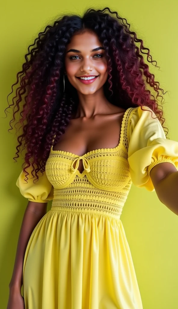 Adult black woman with curly hair and yellow dress 