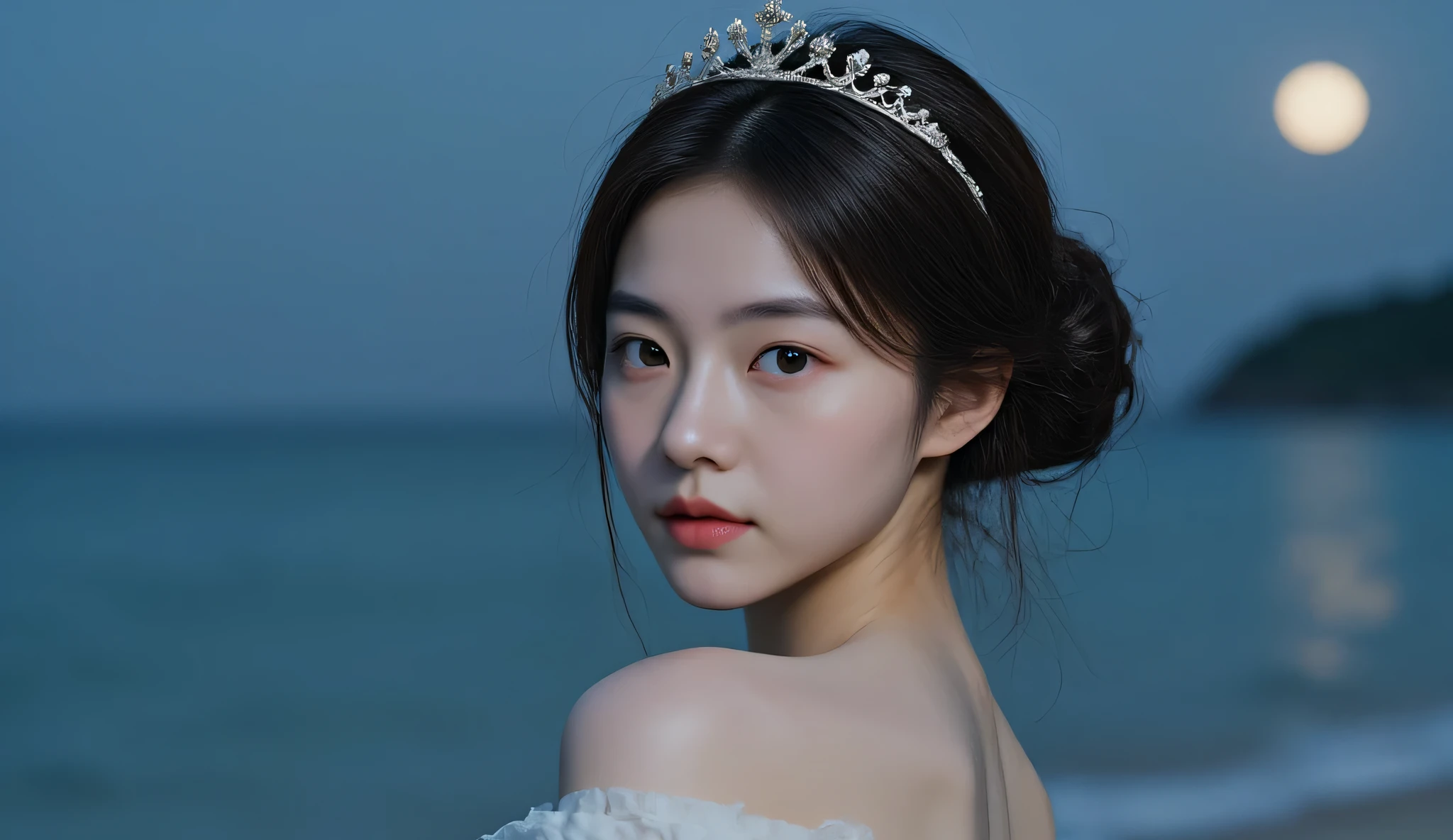 The style is hyper realistic image of a korean woman, adorable with her hair into two buns on top and bangs, wearing a white princess dress, with a tiara crown, night, full moon, beachside, moonlight adds to the graceful impression of the female character.