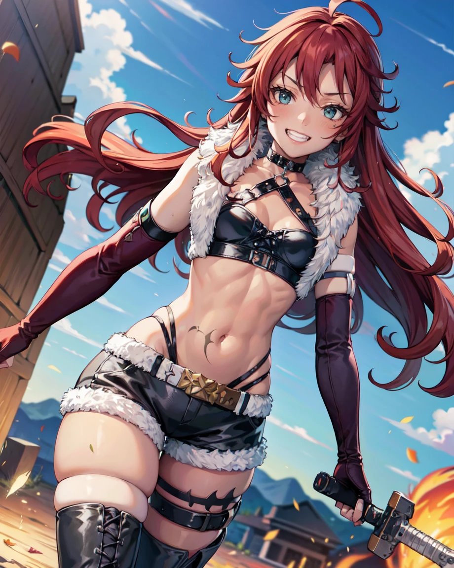 masterpiece, Highest quality, alone, One person,Fine hand, Detailed lighting, High resolution, autumn, adult, adult face, fearless face, tall, Grin, Aqua Eye, Shirley Orlando, Redhead, Ahoge, Long Hair, Medium chest, Green tattoo, choker, Fur coat, Fur trim, O-ring, Leather tops, elbow gloves, Cleavage, Stomach, belly button, gloves, Black shorts, belt, Thigh-high boots, messy hair, 

