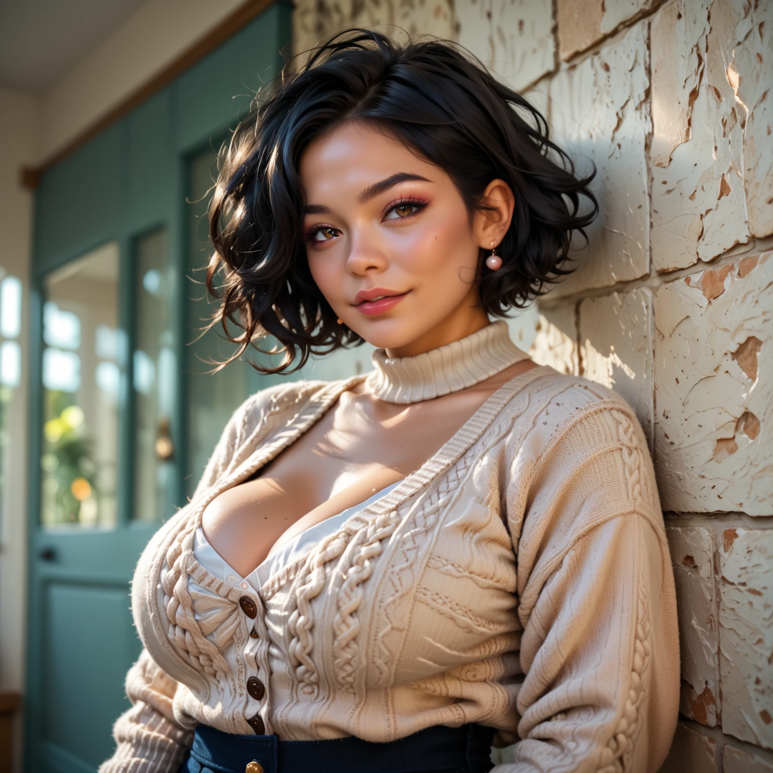 Beautiful lady 26 years old, dark short curly hair, fine nice detaild face, black turtleneck knitted tight sweather, big , brown eyes, long eyelashes, white jeans, open pose, glamour photo, huge breasts, wide hips