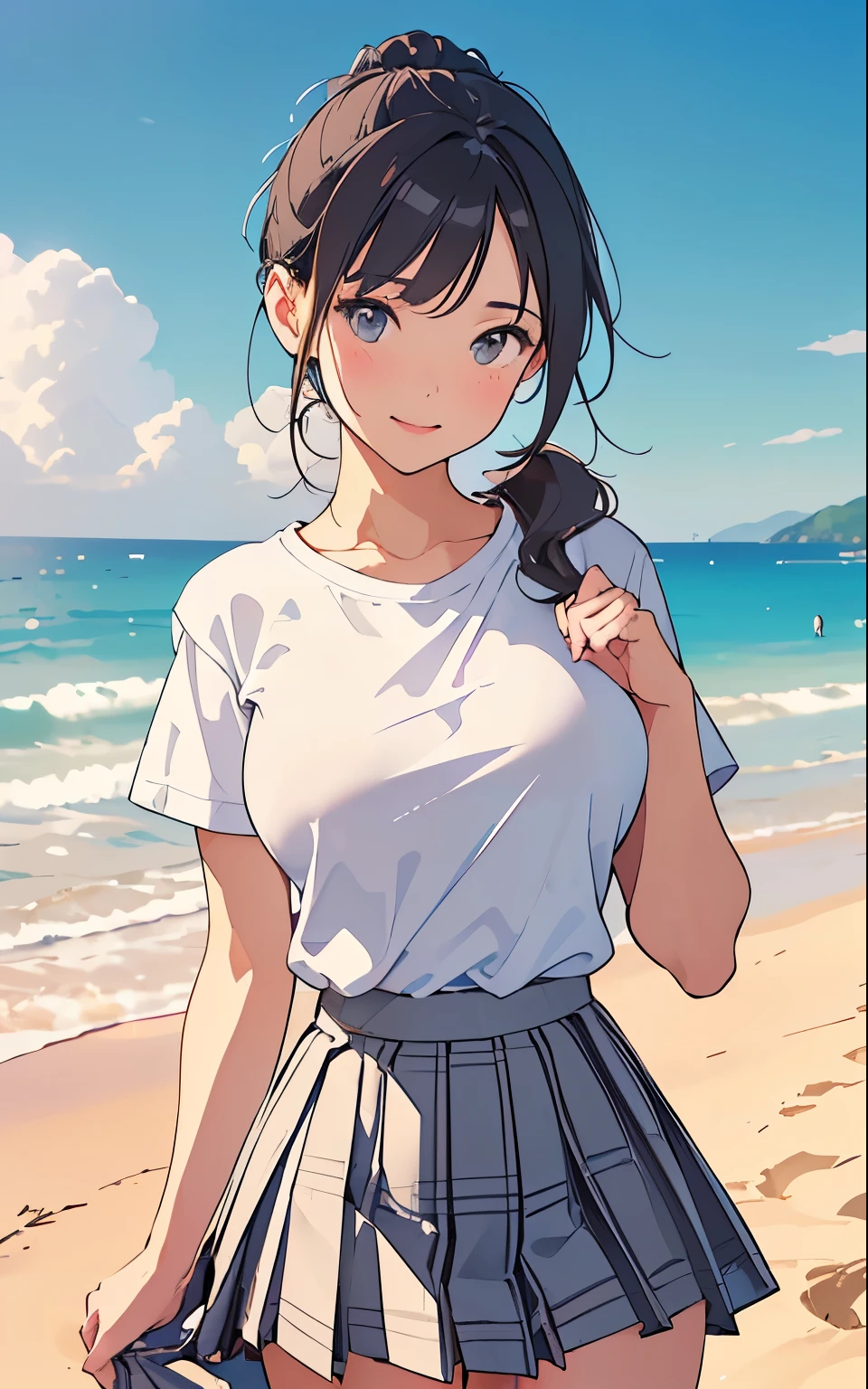 nsfw,masterpiece, top quality ,  super high res,( beautiful woman:1.2), Cute.. cute face, ( Upturned Breasts, Beautiful big :1.5),( happy :1.2),(enjoy:1.2), ( black hair:1), ( Short Low Ponytail:1.2),  medium hair,Sexy mole on the mouth, has wet lips, ( springs up:1.4), ( Please Squint :1.4),School gym clothes,(Plain T-shirt:1.8、Thin fabric:1.5),( wearing white crew neck t-shirt:1.2),  plaid grey pleated skirt wearing a white crew neck t-shirt , classroom,  amazing on the beach,Realistic Background,(skirt lift:1.2)、 show off your panties 