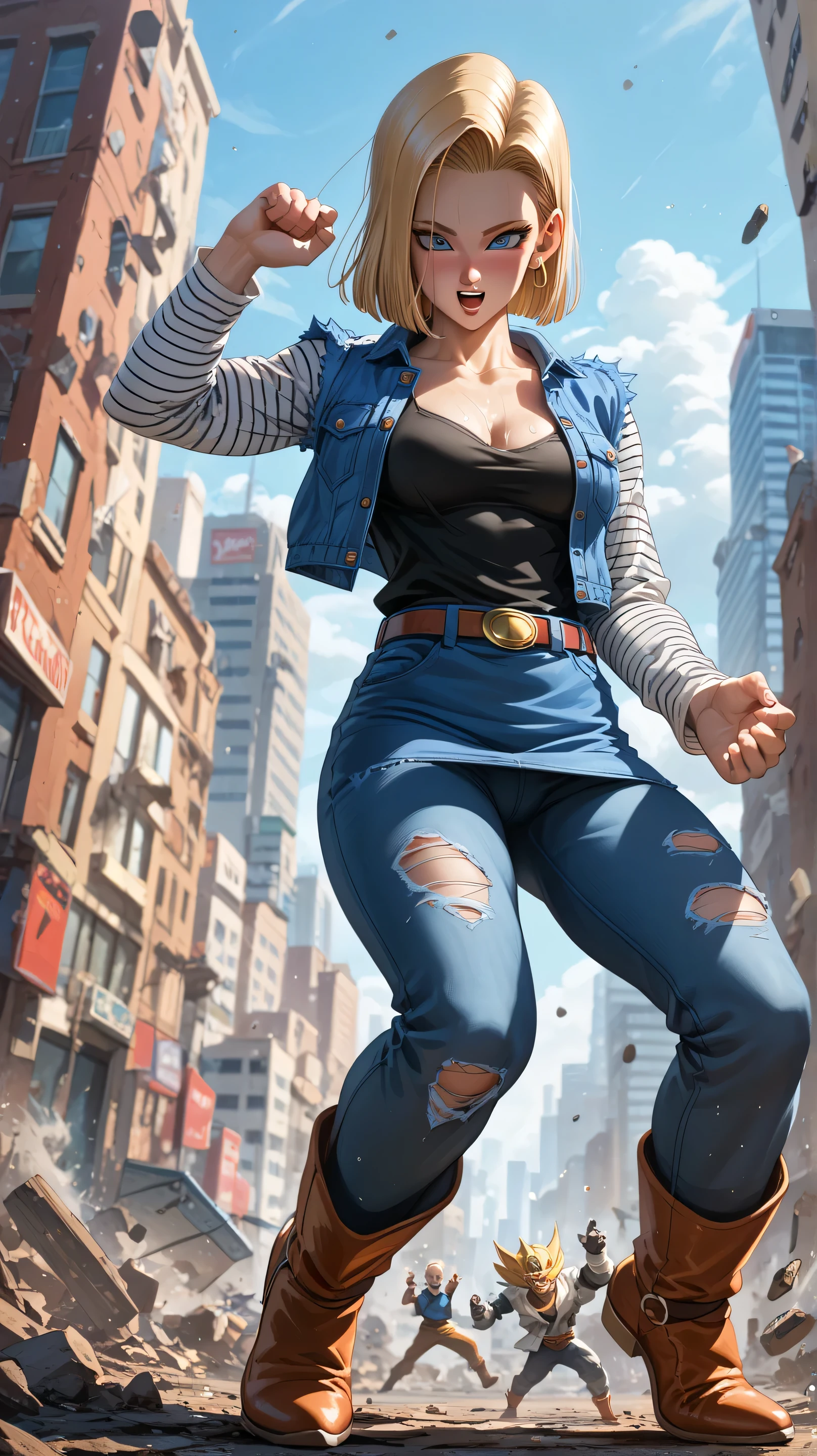 Android 18 from the anime Dragon Ball, shy, blushing, sweaty, excited, in a post apocalyptic city, with clothes torn by fighting, medium breasts, high resolution, high details, , full body, Solo, Alta resolución, Mirando al espectador, La mejor calidad, Detalles altos, Preciso, Obra maestra, 