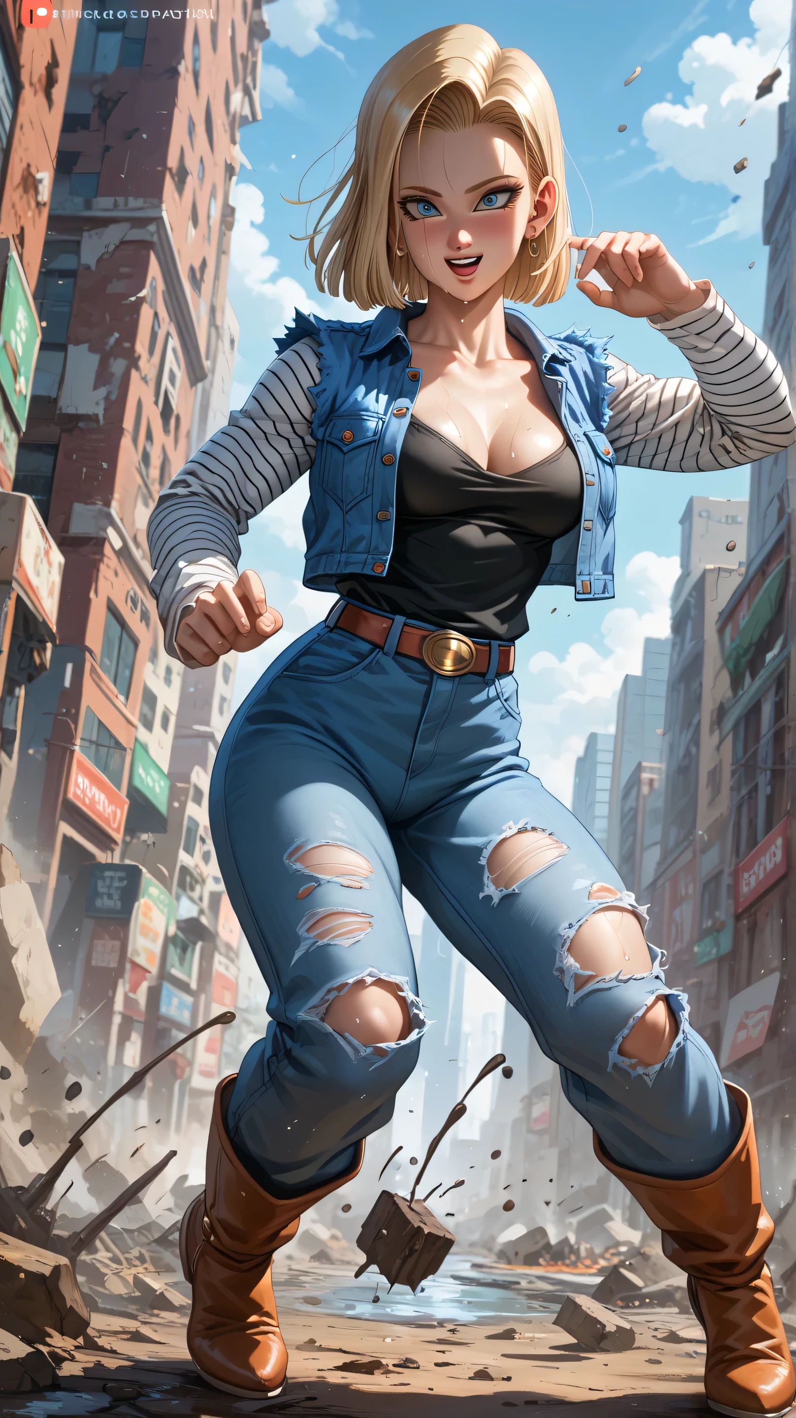 Android 18 from the anime Dragon Ball, shy, blushing, sweaty, excited, in a post apocalyptic city, with clothes torn by fighting, medium breasts, high resolution, high details, , full body, Solo, Alta resolución, Mirando al espectador, La mejor calidad, Detalles altos, Preciso, Obra maestra, 