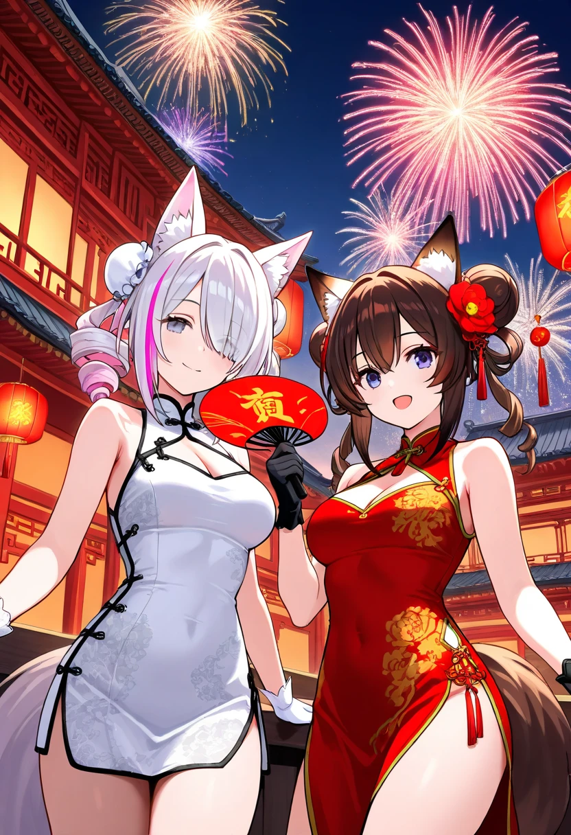 long hair, breasts, looking at viewer, smile, short hair, open mouth, bangs, blue eyes, multiple girls, brown hair, black hair, hair ornament, gloves, dress, holding, animal ears, cleavage, hair between eyes, bare shoulders, closed mouth, purple eyes, closed eyes, ponytail, pink hair, purple hair, flower, white hair, :d, red hair, outdoors, sky, black gloves, white gloves, hair flower, hair bun, chibi, white dress, hair over one eye, streaked hair, grey eyes, fox ears, double bun, night, sleeveless dress, 2girls, chinese clothes, drill hair, red dress, night sky, china dress, hand fan, twin drills, holding fan, architecture, fireworks, east asian architecture, chinese new year, 