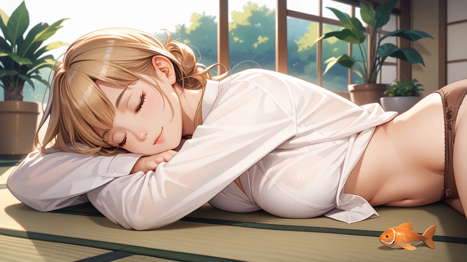 rating_safe, score_9, score_8_up, score_7_up, source_anime, masterpiece, best quality, solo, 1girl, wondering face,blond hairs, firm breasts(she is wearing white shirt, and brown panties) ( she is sleeping on the futon, close eye, side shot view) ,night time Japanese Tatami Room in Tokyo, (Japan), plant pot, gold fish tank, best quality, 8k,