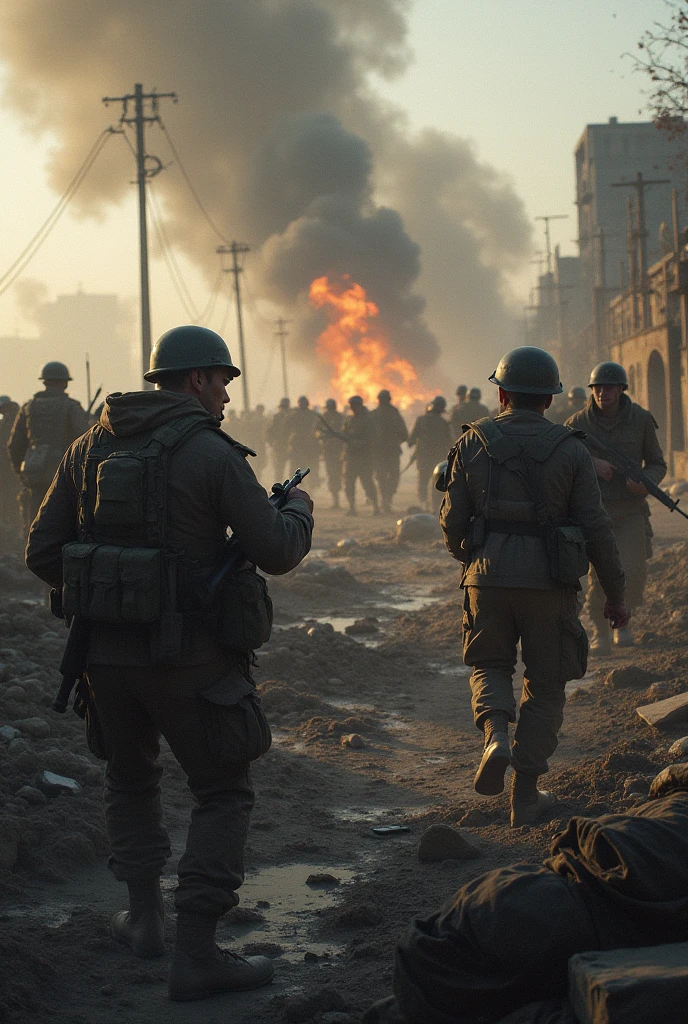 "apocalyptic scene: Zombies shot by soldiers amidst chaos and destruction. intense action, medo, and survival. alta qualidade, arte CG detalhada com designs de zumbis realistas. atmosfera escura, eerie lighting, e sombras sinistras. Dramatic camera angles capturing the intensity of the attack."