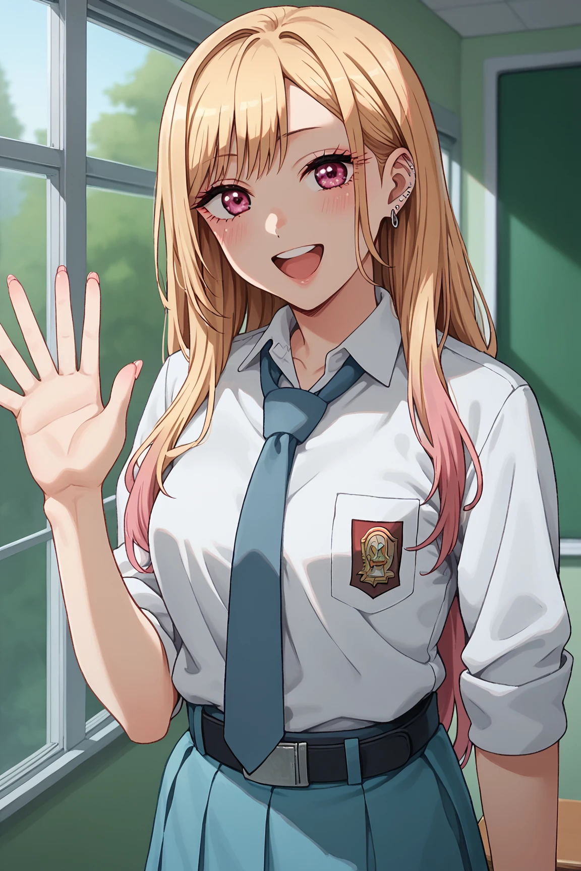 score_9, score_8_up, score_7_up, 1girl, prefect lighting, very aesthetic, intricate details, highly detailed background, masterpiece, high quality, prefect hands, best quality, solo, 
KJOmarin, blonde hair, long hair, pink eyes, earrings, ear piercing, multicolored hair, 
tucked in sma shirt, sma necktie, sma belt, sma skirt, sleeves rolled up,
waving, dutch angle, open mouth, smile, blush, looking at viewer, 
school, window, sunny, tree, classroom, 
(Beautiful, medium Breasts:1.2), natural breasts,