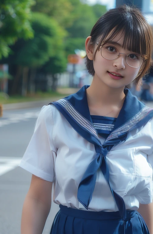 Sailor suit,A kind and happy smile、(looks happy:1.3),Breathless face、Excited expression、short hair、Glasses、Realistic,High resolution,Soft Light,Beautiful and slender girl, blue eyes, Elegant and sexy, Japanese women、Perfect hands、Perfect Arms、Very large breastplate、Highest quality、Very detailed、crowd surfing、Realistic face、Realistic eyeasterpiece、Highest quality、Very detailed、1 girl、crowd,Pussy,Lower body naked,in the train,belly button,whole body