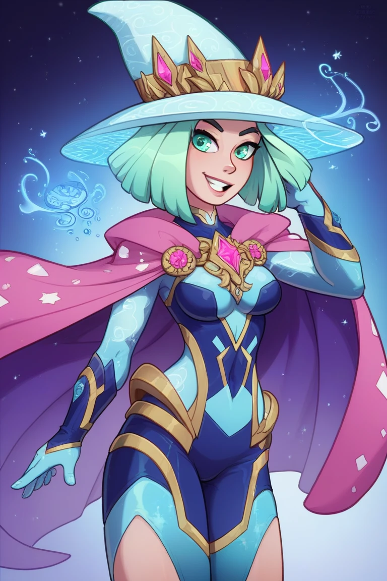 "Design a whimsical and powerful mushroom mage character in a vibrant fantasy setting. The character features a glowing, galaxy-patterned mushroom hat as a focal point, complementing their blue-green hair and mischievous green eyes. They are dressed in a mix of earthy and mystical attire, complete with a flowing cape and intricate glowing runes. The character wields orbs of magical energy in their hands, symbolizing their mastery of nature and arcane power. The background is a bold, zigzag purple design that contrasts with the character's glowing elements, enhancing their mystical presence. Capture their confident, playful, and magical essence with attention to detail in their attire and the magical effects surrounding them."