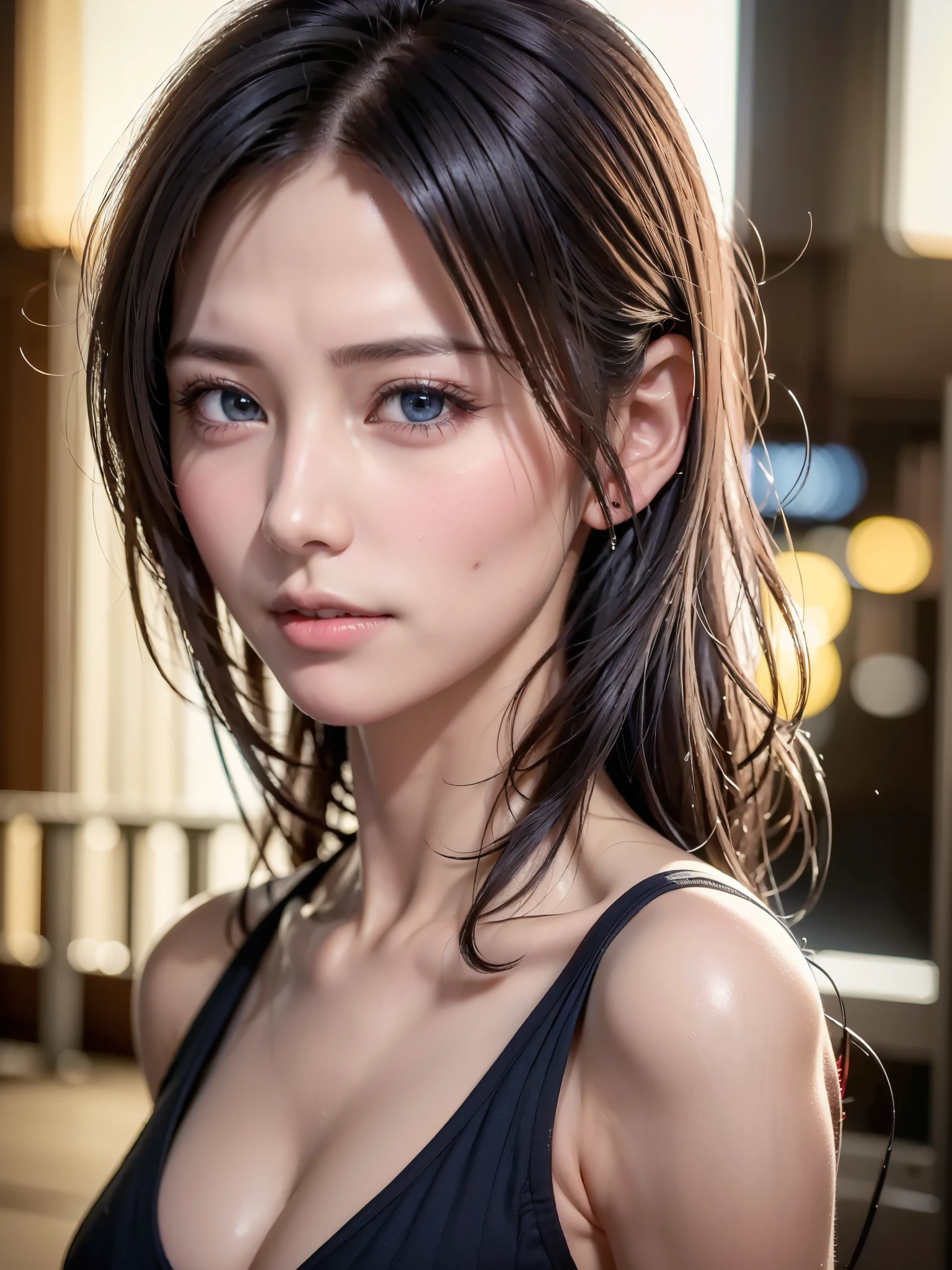 (masutepiece:1.3), (8K, Photorealistic, Raw photo, Best Quality: 1.4), (1girl in), Beautiful face, (Realistic face), (Black hair, Short hair:1.3), bikini of, Beautiful hairstyle, Realistic eyes, Beautiful detailed eyes, (Realistic skin), Beautiful skin, (Navy BL...