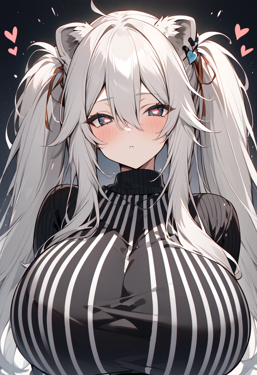   Shishirabotan、  Black knitted outfit 、 vertical striped sweater 、  black sweater、huge breasts:1.5、sagging breast:1.5、  1 girl、  Portrait、 Speaking Heart 、  focus on faces 、  straight hair  、  twin tails、  slightly disheveled hair、White Lion、Vertical white lines on clothes,heart in eyes, ハートアイ