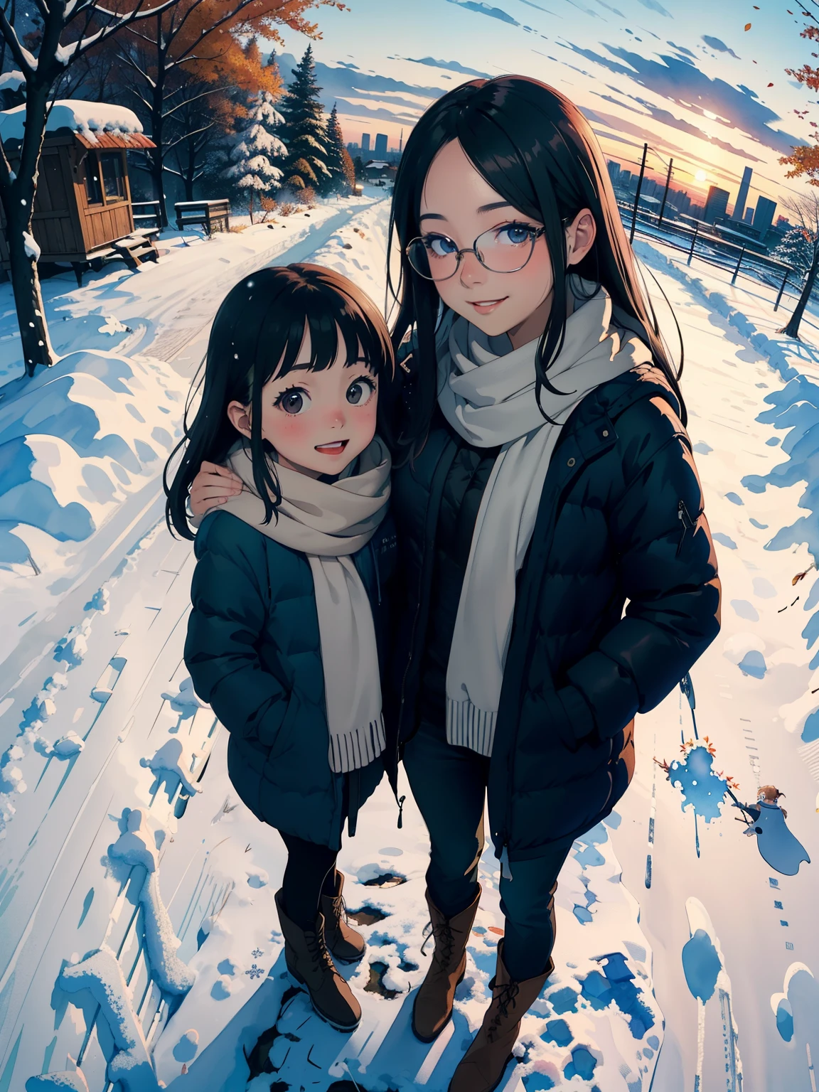 masterpiece，top quality，    high image quality ，(  super flat  ，  flat shading    )，Glasses，beautiful dark hair，   fisheye lens， cute raised pigs are a ***ite young mother and her cute ****** daughter:1.25，   warm scarf  ，  Down Jacket，(naked)，   long hair，    boots，smile, smile，    White Breath，fun, play，Overlooking the city in the fall from the park garden ， Autumn leaves，Snow Scene，Snowfall，Winter Sky，At dusk，Beautiful sunset，Wide angle， bright color，watercolor,    Ghibli style，Strong winds，Girl Temptation，   girl &#39;Lure，