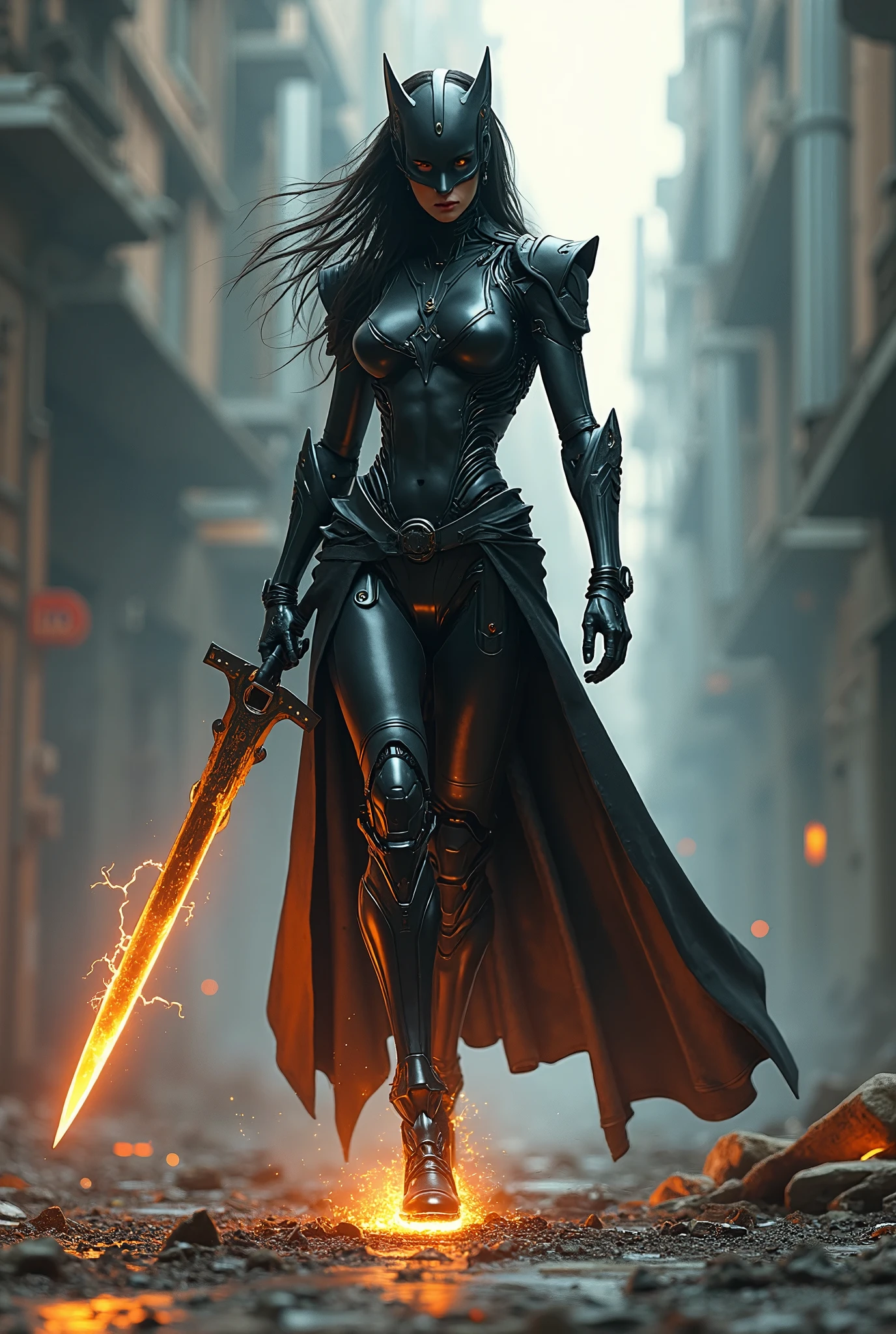 detailed android female, static shock sword, black head, black body, in machine colosseum, cyberpunk burning foot,