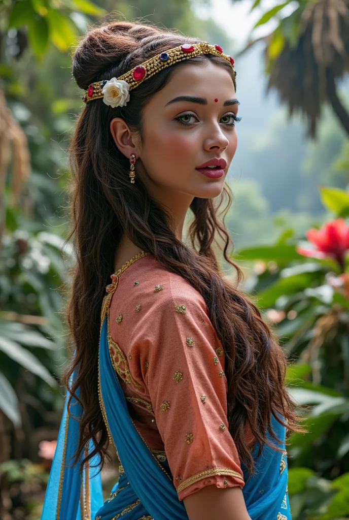 A hyper-realistic portrait of a stunning alien princess with delicately otherworldly features. Her beautiful, glowing grey eyes captivate with their inner luminescence, while her iridescent sapphire and amethyst skin shimmers subtly, reflecting the vibrant hues of her attire. She is dressed in a traditional Indian peach-blue salwar kameez, with intricate golden embroidery, complemented by a flowing blue chunari. Red earrings and a small red bindi between her brows add striking accents to her regal appearance. Her curly brown hair is styled in an elegant double braid, each adorned with red ribbons at the ends and small white flowers delicately placed throughout. Two soft trains of hair frame her face, enhancing her gentle yet majestic aura. Precious gemstones are woven into her hairstyle and attire, catching the ambient light and adding an ethereal brilliance. She stands amidst a lush tropical paradise, teeming with vibrant, exotic flora and fauna. The background bursts with life, as fantastical plants and creatures blend seamlessly into this imaginative setting. Her ornate crown, intricately designed with alien patterns and precious stones, rests gracefully on her head, symbolizing her royal stature. The cinematic framing captures her standing with an air of gentle elegance and royal dignity, her posture exuding confidence and poise. The lighting enhances the scene's depth and richness, creating a breathtaking fusion of fantasy, tradition, and science fiction.