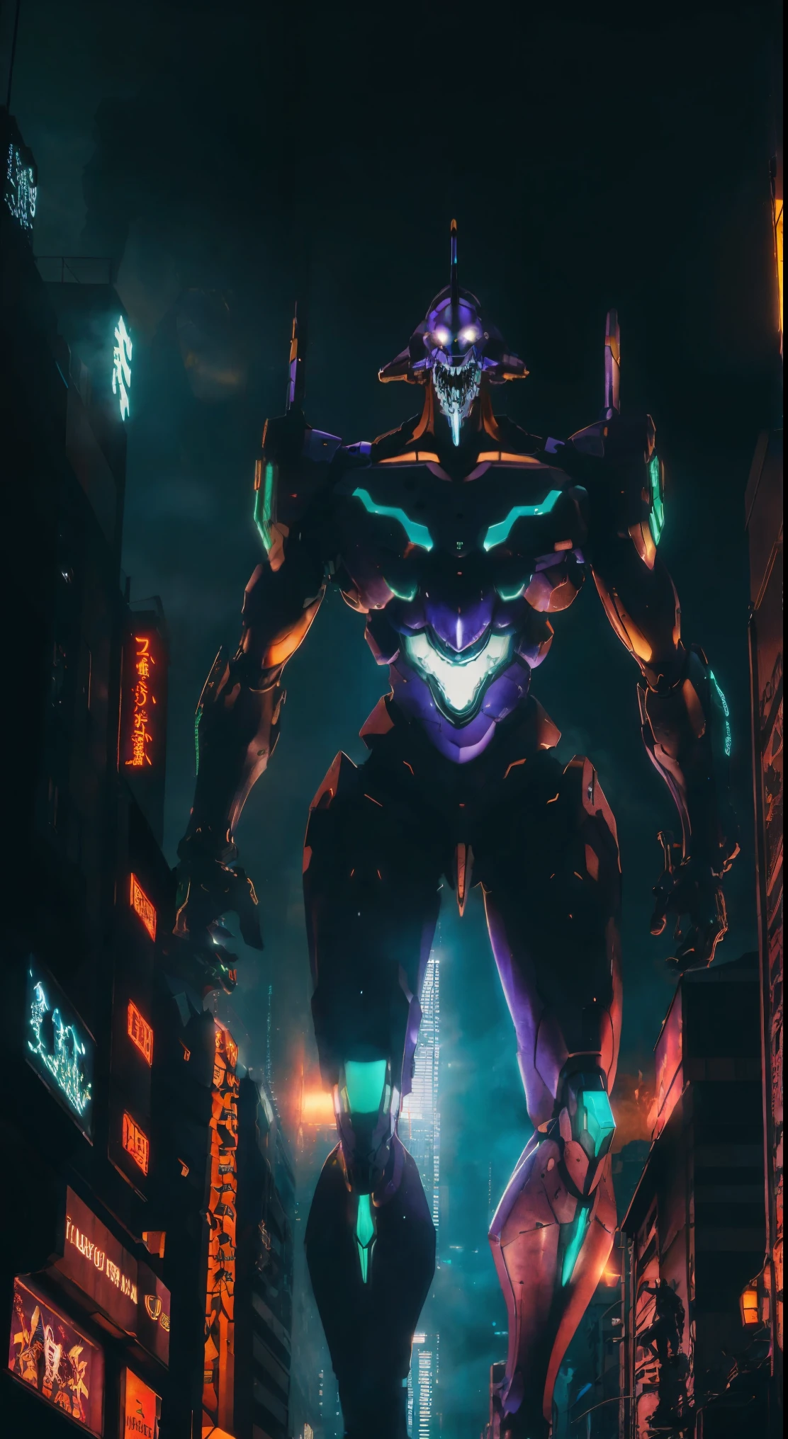 A highly detailed and realistic full body portrait of Eva 01, a biomechanical anime character., Walking between the buildings of Tokyo city, dramatic lighting, cinematic compositing, volumetric fog, intricate mechanical details, dynamic positioning, shiny metallic textures, neon-lit cityscape background, hyper-detailed, 8k, photorealistic, Eva 01, realistic, full body, walking between buildings, view from below,super detallado,robot gigante colosal,150 metros de alto