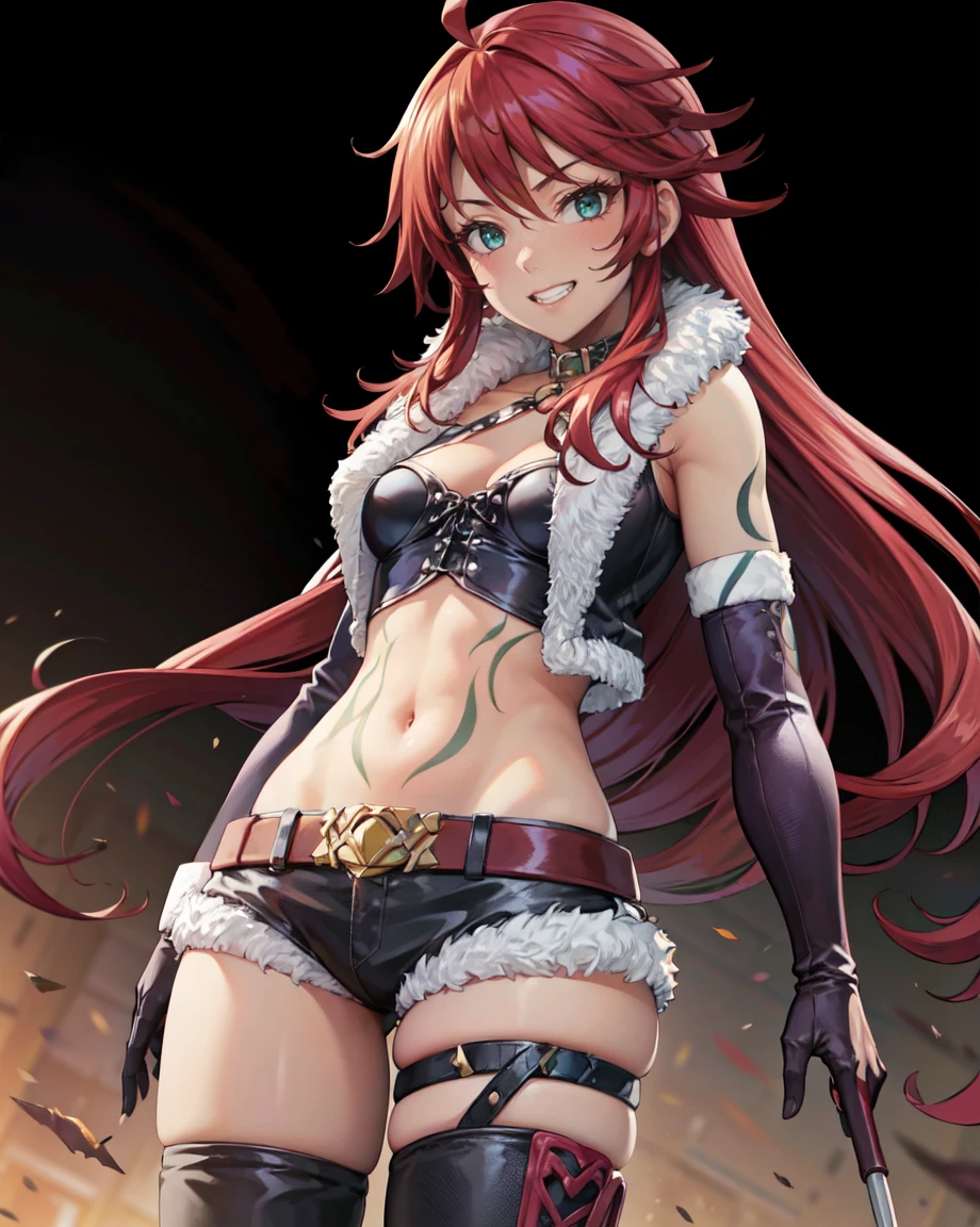 masterpiece, Highest quality, alone, One person,Fine hand, Detailed lighting, High resolution, adult woman, adult face, fearless face, tall, Grin, Aqua Eye, Shirley Orlando, Redhead, Ahoge, Long Hair, Medium chest, Green tattoo, choker, Fur coat, Fur trim, O-ring, Leather tops, elbow gloves, Cleavage, Stomach, belly button, gloves, Black shorts, belt, Thigh-high boots, messy hair,