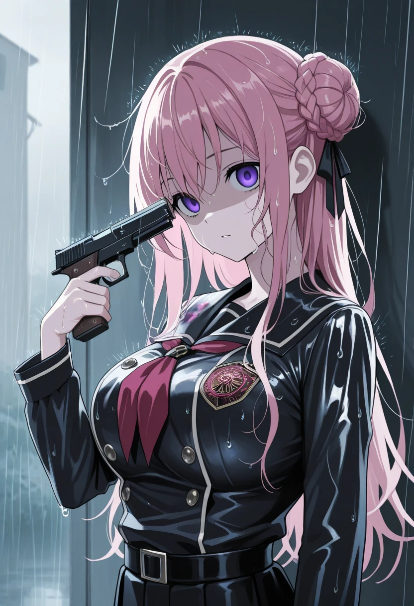 1girl, solo, dorothyalt, pink hair, long hair, braided bun, hair ribbon, hair ornament, purple eyes, very wet skin, wet, wet hair, messy hair, big breasts, dark school uniform,rain,rainy day, imminent_suicide,finger on trigger,hand gun,gun to head,holding gun with both hand,paint splatter,dramatic lighting,looking at viewer,shaded face,empty eyes, heavy rain,muted color 