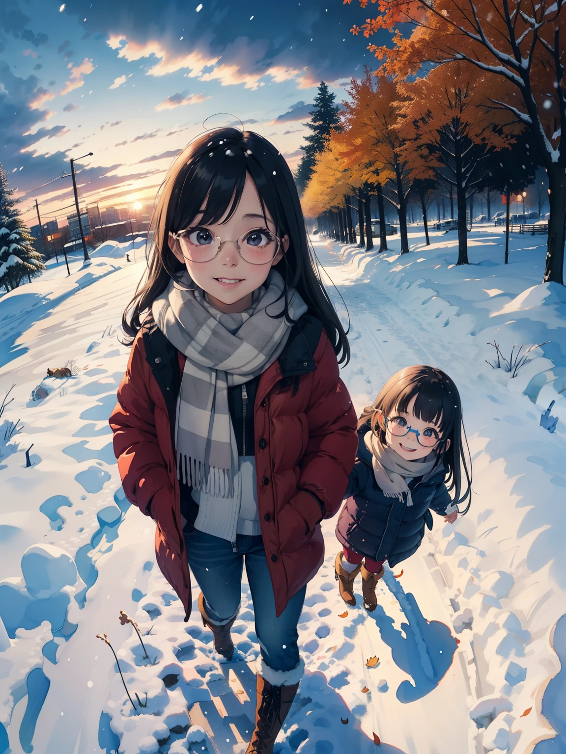 masterpiece，top quality，    high image quality ，(  super flat  ，  flat shading    )，Glasses，beautiful dark hair，   fisheye lens， cute raised pigs are a ite young mother and her cute litughter:1.25，   warm scarf  ，  Down Jacket，(naked)，   long hair，    boots，smile, smile，    White Breath，fun, play，Overlooking the city in the fall from the park garden ， Autumn leaves，Snow Scene，Snowfall，Winter Sky，At dusk，Beautiful sunset，Wide angle， bright color，watercolor,    Ghibli style，Strong winds，Girl Temptation，   girl &#39;Lure，puppy，