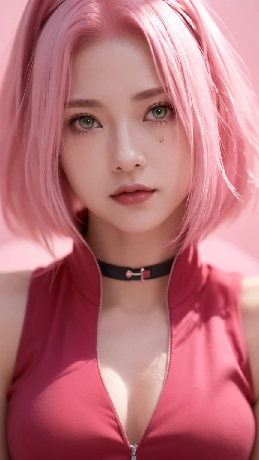 young woman, porcelain skin, long bubblegum pink hair, big pink lips, big emerald green eyes, pink eyebrows, red clothes, Sakura Haruno, 3d, realism, black gloves