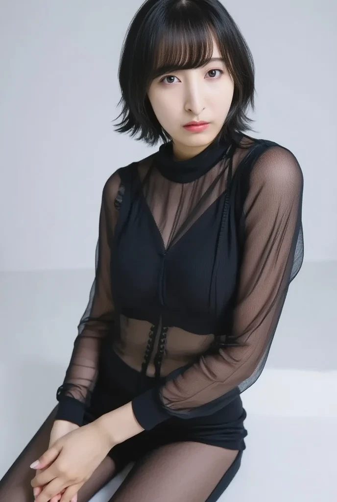 8k, RAW Photo, Best Quality, Masterpiece:1.2),(Realistic, photo-realistic:1.37), Super Detail, Wearing black pantyhose,She is wearing tight thin fitting transparent black long sleeve turtleneck, no skirts, transparent, cinematic lighting, sexy pose, monotone background, facing front, portrait, dressed up to the belly button, dressed up to the neck,black pantyhose,no pants,only pantyhose,no underwear,short hair