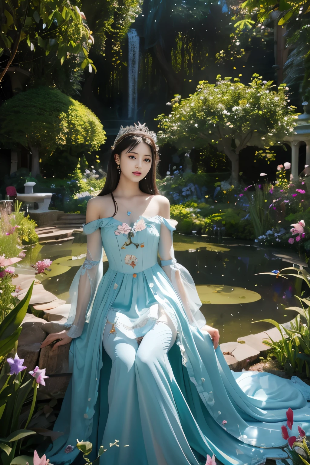 arafed image of a woman in a dress in a garden with butterflies, ethereal fairytale, Zhang Jingna, Ethereal fantasy, romanticism art style, Realisticstyle，beautiful fantasy art, fantasy painterly style, Alice X. zhang, Beautiful character painting, Fantasy Victorian art, beautiful fantasy maiden, a beautiful fantasy empress, Beautiful digital artwork, ((a beautiful fantasy empress))