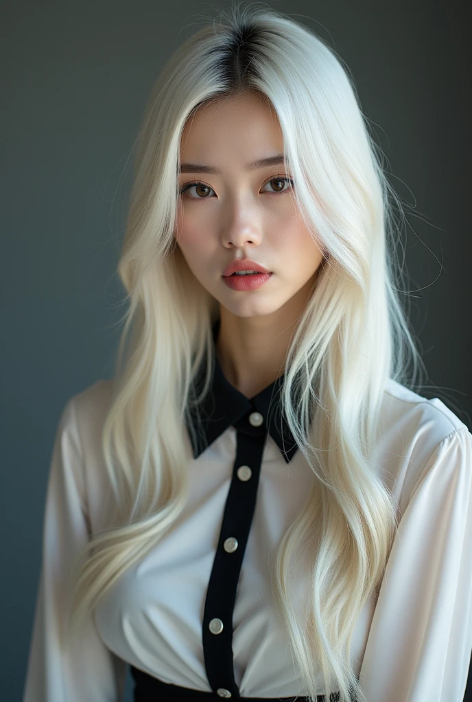 Coreana 


 - **Hair**: Long and platinum , seeds,  with an elegant fit .  It may have a slight wavy at the tips .
   - **eyes**: eyes claros, that convey sophistication . The makeup is subtle,  highlighting its natural beauty .
   - **face**: Oval,  with delicate features .  Slightly raised cheekbones and well-contoured lips.
   - **Clothing**:  Long sleeve blouse with modern details and a fitted skirt ,  giving a contemporary and fashionable look .
