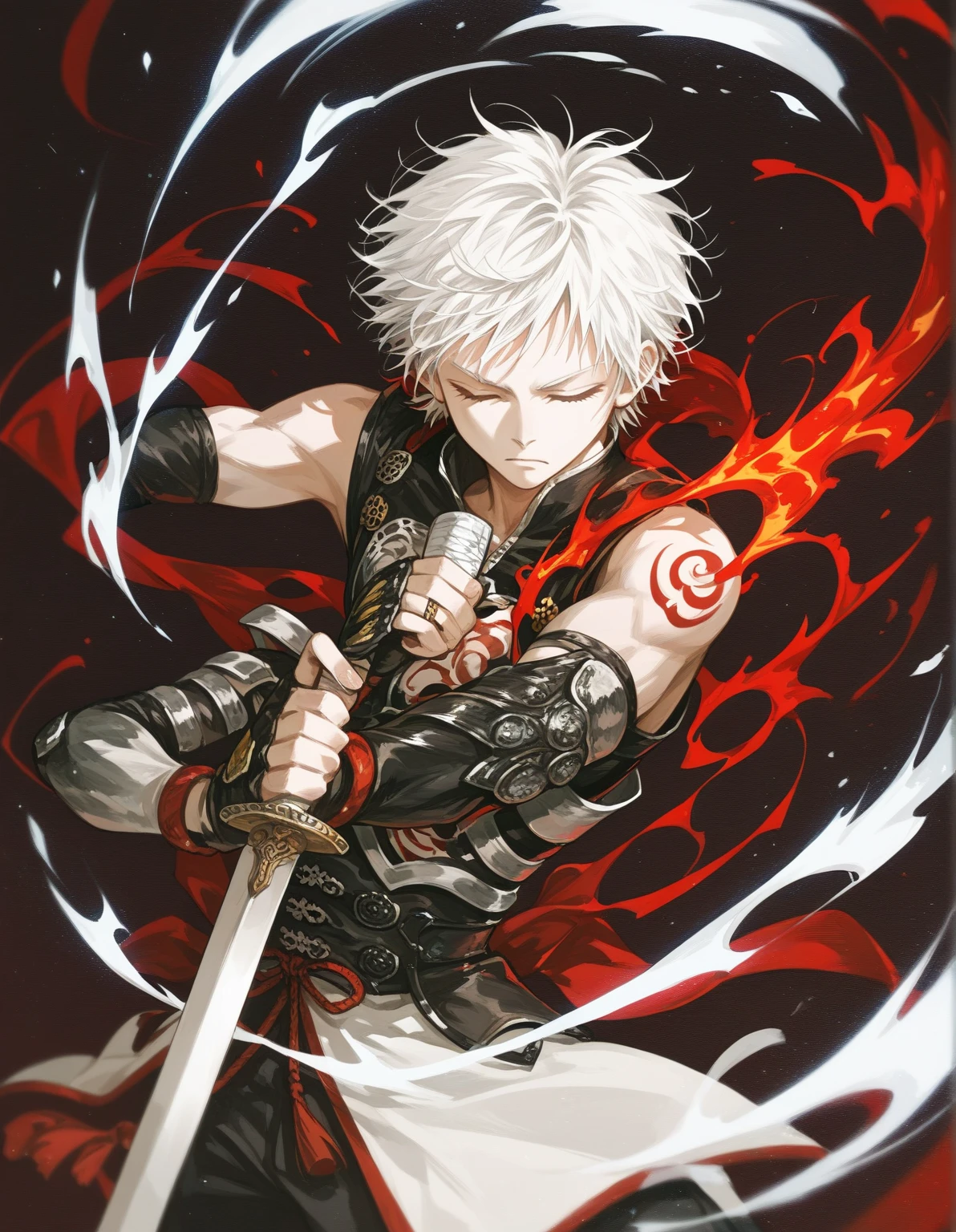 1 man,  alone,  whole body,  has a black and red aura around him ,  dark drawing style ，, holding a sword with a curved blade like a viper blade.
Young Anime , ( The Han Fu suit of a Chinese warrior ), Pale skin, Albino person, White hair gathers hair , closed eyes, conjunctivitis,
Score _9,Score _8,Score _7_climb,source_Anime,