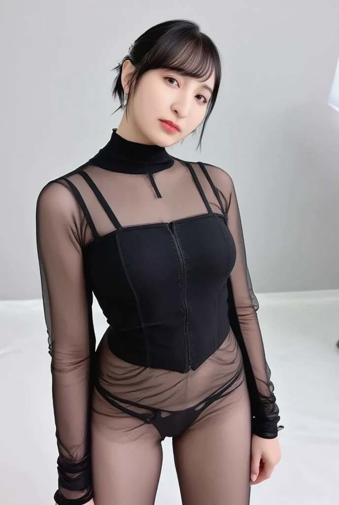 8k, RAW Photo, Best Quality, Masterpiece:1.2),(Realistic, photo-realistic:1.37), Super Detail, Wearing black pantyhose,She is wearing tight thin fitting transparent black long sleeve turtleneck, no skirts, transparent, cinematic lighting, sexy pose, monotone background, facing front, portrait, dressed up to the belly button, dressed up to the neck,black pantyhose,no pants,only pantyhose,no underwear,short hair