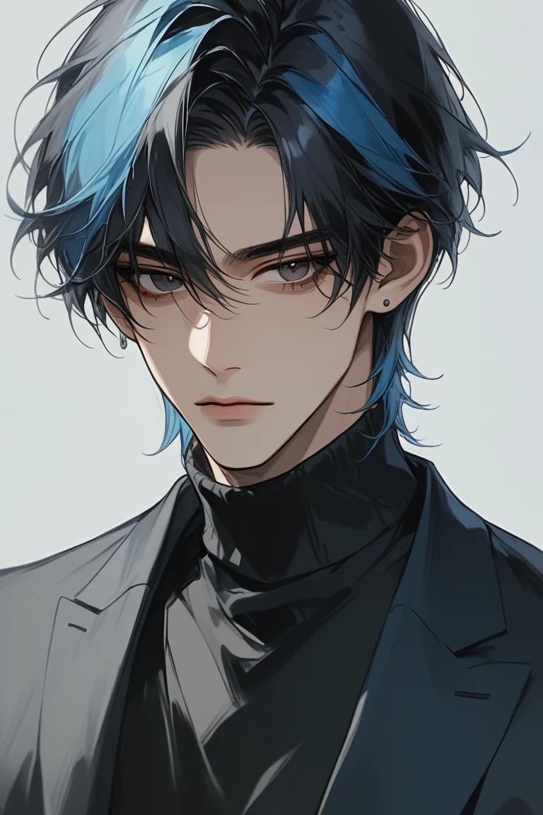 (score_9, score_8_up), medium hair, masterpiece, best quality, 1 man , black hair , perfect face , black eye , handsome male , Alone, adult male , delicate line drawingimpasto, masterpiece, high resolution, Top quality, unique , 1 male , nice , tanned skin , black and blue haired, black turtleneck