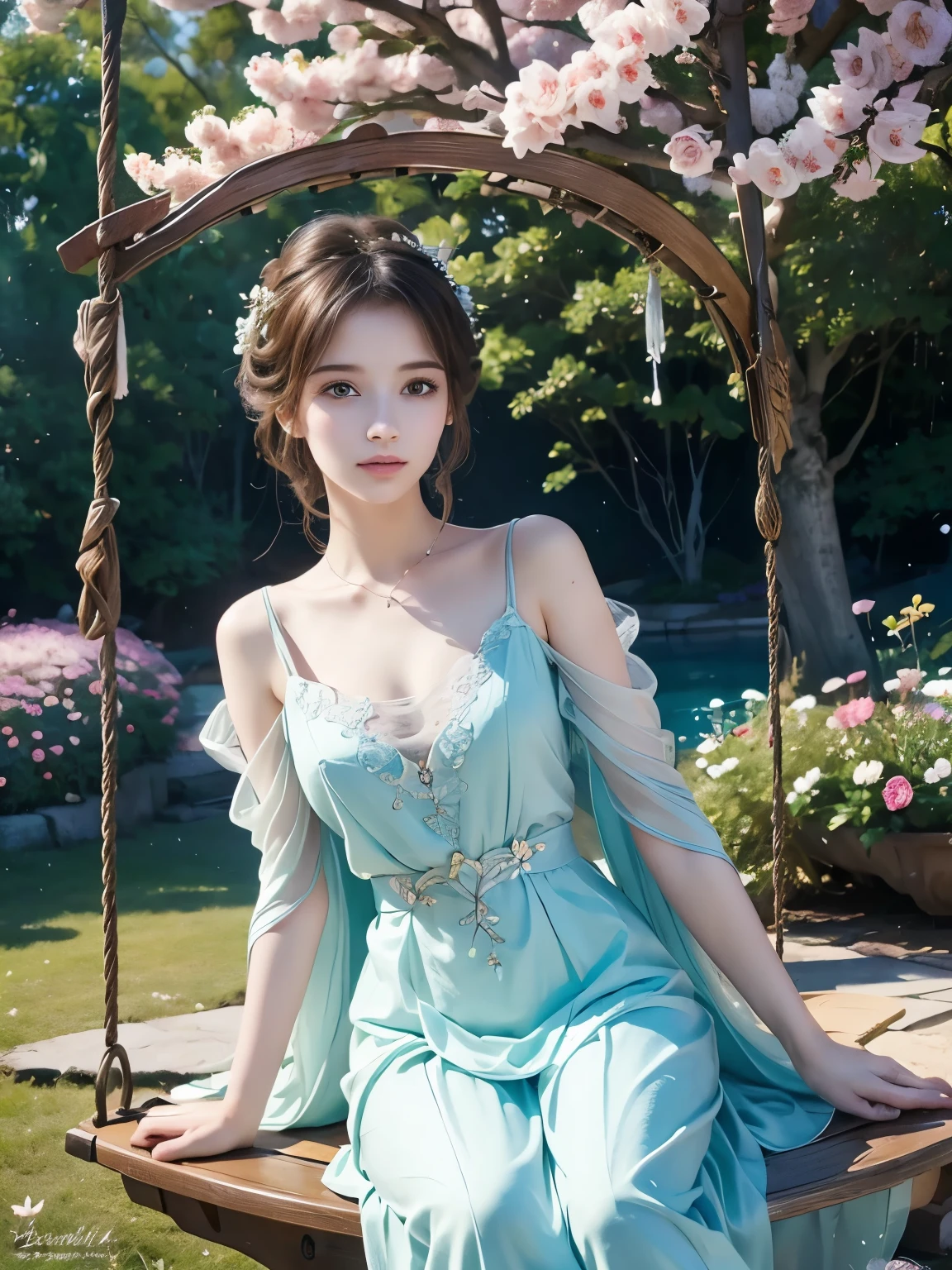 beautiful detailed eyes, beautiful detailed lips, elegant dress, sitting on a swing, surrounded by blooming flowers, soft sunlight, pastel colors, dreamy atmosphere, traditional art style, realistic rendering, gentle brushstrokes, vibrant color palette, flowing movement, serene expression, fantasy elements, fairytale-like scenery, tranquil garden, peaceful ambiance, ethereal beauty, graceful posture, delicate details, whimsical touch, magical atmosphere